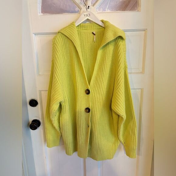 New free people swim too deep cardigan sweater green yellow - Picture 4 of 7